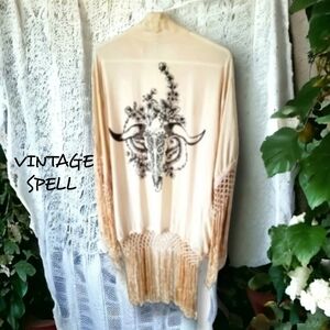 Vintage Spell Designs Neutral Fringe Bohemian Cardigan Kimono Summer Coverup OS